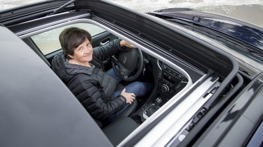 Sonja Norman shows off the Santa Fe's wide sunroof.