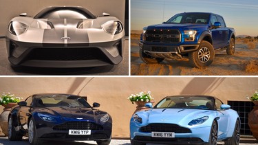 From top left, clockwise: Ford GT, Ford F-150 Raptor, Aston Martin DB11