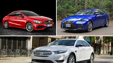 From top left, clockwise: Mercedes-Benz CLA, Lexus IS 350, Ford Taurus