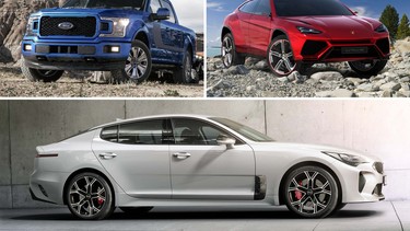 From top left, clockwise: 2018 Ford F-150, Lamborghini Urus, 2017 Kia Stinger