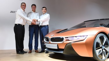 (L-R) Brian Krzanich, CEO of Intel, Harald Krueger, CEO BMW and Amnon Shashua, co-founder, chairman and CTO Mobileye NV,  pose after a press conference announcing their partnership to bring solutions for highly and fully automated driving into series production by 2021.