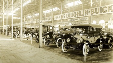 The 1913 auto show in Toronto's Transportation Building. Canadian manufacturers include McLaughlin-Buick, Galt, and Russell, along with such American ones as Overland, Locomobile, Cadillac, and electric car builder Rauch & Lang.