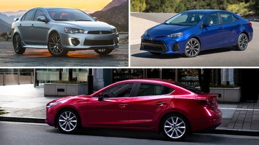From top left, clockwise: Mitsubishi Lancer, Toyota Corolla, Mazda3