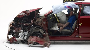 A 2017 Subaru Impreza after a partial frontal crash test by the IIHS.
