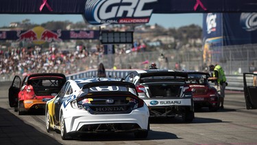 In this file photo, cars line up for Red Bull's Global Rallycross event in Los Angeles on Sept. 10, 2016. For the 2017 season, the racing series will make its first Canadian stop in Ottawa.