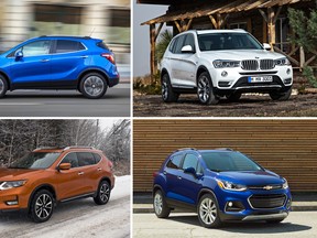 These are the four best of the top 10 fuel-efficient CUVs (from top left, clockwise): Buick Encore, BMW X3 xDrive28d, Chevrolet Trax, Nissan Rogue