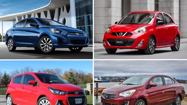 From top left, clockwise: Hyundai Accent, Nissan Micra, Mitsubishi Mirage, Chevrolet Spark