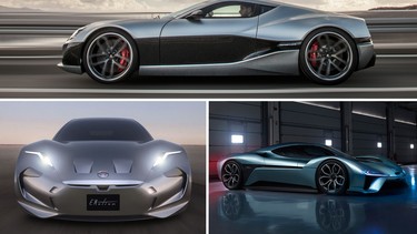 From top, clockwise: Rimac Concept One, NextEV NIO EP9, Fisker EMotion