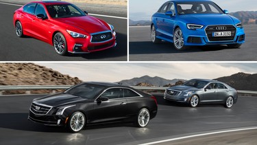 From top left, clockwise: Infiniti Q50, Audi A3, Cadillac ATS