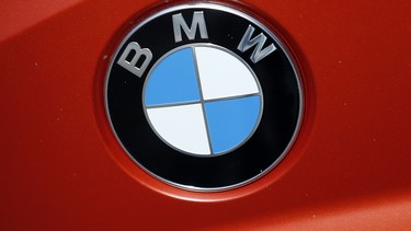 The BMW logo of a motorcycle in a showroom in London