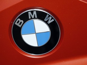 The BMW logo of a motorcycle in a showroom in London