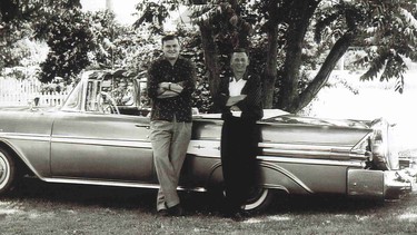 Wayne Tussaro alongside Ed Thiessen with Ed’s 1957 Pontiac Laurentian convertible after their North American tour when the car was new six decades ago.