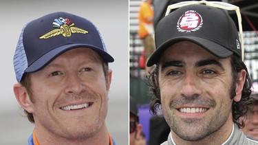 At left, in a May 20, 2017, file photo, IndyCar driver Scott Dixon, of New Zealand, smiles after qualifying for the Indianapolis 500 in Indianapolis. At right, in a May 31, 2013, file photo, Dario Franchitti, of Scotland, smiles after winning the pole position for the Detroit Grand Prix auto race on Belle Isle in Detroit.
