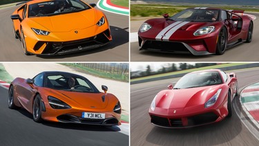 Clockwise, from top left: the 2018 Lamborghini Huracan Performante, the 2017 Ford GT, the 2016 Ferrari 488, the 2018 McLaren 720S