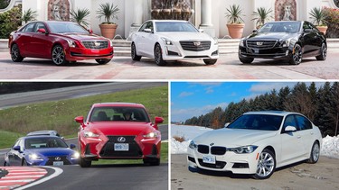Clockwise, from top: Cadillac CTS, BMW 340i, Lexus IS 350