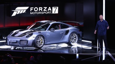 The 2018 Porsche 911 GT2 RS is introduced along with Forza Motorsport 7 during the Microsoft XBox E3 briefing at the Galen Center on June 11, 2017 in Los Angeles, California.