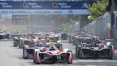 Drivers streak towards the first corner at the start of Sunday's Montreal Formula ePrix race.