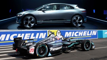 The Jaguar I-Pace, top, and the Panasonic Jaguar Team Formula E racer.