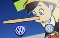 A Pinocchio placard from members of Greenpeace as they protest outside the main gate at Volkswagen Headquarters on September 25, 2015 in Wolfsburg, Germany.