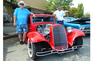 Former and current owners – Graeme Tait and Glen May – with the historic little deuce coupe.