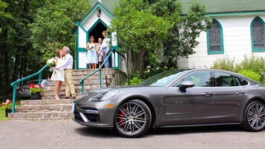 2017 Porsche Panamera Turbo at the wedding of Melinda and Andy Ross at Christ Church, Minett, ON.