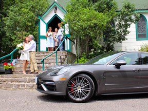2017 Porsche Panamera Turbo at the wedding of Melinda and Andy Ross at Christ Church, Minett, ON.