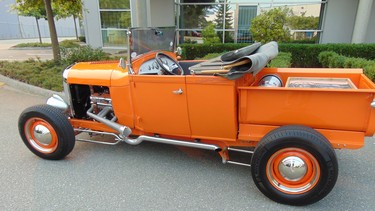 With the body lengthened four inches and the pickup box shortened, Adrian Scovell’s 1929 Ford roadster pickup hot rod demonstrates a perfect stance.