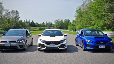 The 2017 Volkswagen Golf R, Honda Civic Type R and Subaru WRX STi at Calabogie Motorsports Park