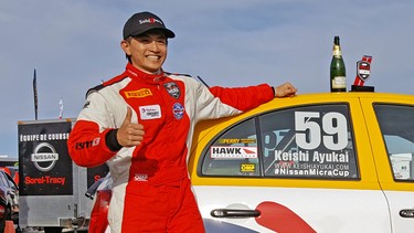 Keishi Ayukai celebrates a third-place finish at Circuit Trois-Rivières in July.