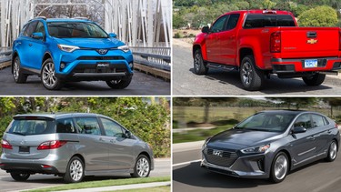 Clockwise, the 2017 Toyota RAV4 Hybrid, the Chevrolet Colorado diesel, the Hyundai Ioniq hybrid, and the Mazda5.