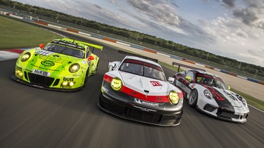 From left, the Porsche 911 GT3 R, Porsche 911 RSR and Porsche 911 RS3 Cup.