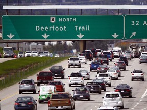 Traffic on the Deerfoot Trail (Hwy 2) near 32 Avenue in Calgary, Alta.