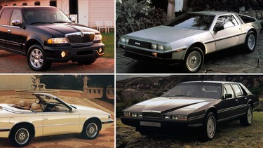 Clockwise, from top left: Lincoln Blackwood, Delorean DMC-12, Aston Martin Lagonda, Chrysler TC by Maserati