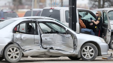 A sedan following a side-impact collision.