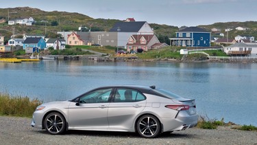 Twillingate, Newfoundland, in the background with the 2018 Toyota Camry XSE V6.