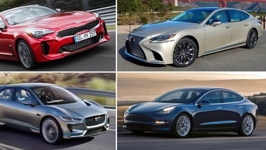 Clockwise, from top: the 2018 Kia Stinger, the 2018 Lexus LS 500, the 2018 Tesla Model 3 and the 2018 Jaguar I-Pace