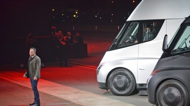 Tesla Chairman and CEO Elon Musk unveils the new "Semi" electric truck on November 16, 2017 in Hawthorne, California.