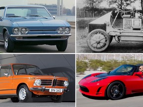 Clockwise, the 1964 Chevrolet Electrovair, the1900 Lohner-Porsche, the 2006 Tesla Roadster and the 1972 BMW 1602 Electric