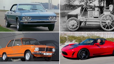 Clockwise, the 1964 Chevrolet Electrovair, the1900 Lohner-Porsche, the 2006 Tesla Roadster and the 1972 BMW 1602 Electric