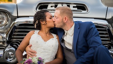 Nate and Desiree Bestward with their 1957 GMC pickup that broke down on the eve of their wedding after being totally rebuilt by the reality TV show Carspotters.