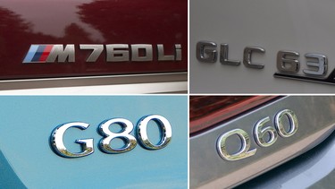 Clockwise, the BMW M760Li xDrive, the Mercedes-Benz AMG GLC 63 S, the Infiniti Q60, the Genesis G80