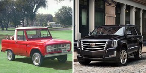 1966 Ford Bronco, left, and 2018 Cadillac Escalade
