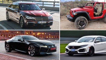 Clockwise from top left: 2018 BMW M760 Li xDrive; 2018 Jeep Wrangler; 2017 Honda Civic Type R; 2017 Lexus LC 500h