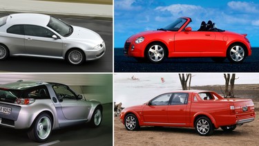 Clockwise from top left; Alfa Romeo GT, Daihatsu Copen, HSV Avalanche XUV, Smart Roadster