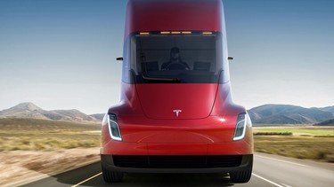 This photo provided by Tesla shows the front of the new electric semitractor-trailer unveiled on Thursday, Nov. 16, 2017.