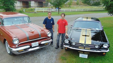 Identical twins Dan and Ron Gaudet share a passion for collector cars with Dan’s restored 1955
Pontiac Safari and Ron’s customized 1965 Mustang.