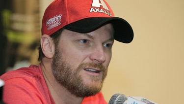 Dale Earnhardt Jr. speaks with the media during a news conference before a NASCAR Cup Series auto race at Homestead-Miami Speedway in Homestead, Fla.