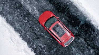 A 2018 Volkswagen Tiguan on an ice road in the Northwest Territories.