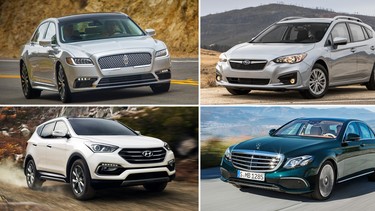 Clockwise from left: Lincoln Continental, Subaru Impreza hatchback, Mercedes E-Class, Hyundai Santa Fe Sport