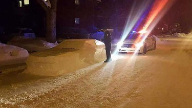 A car in Montreal made entirely of snow.